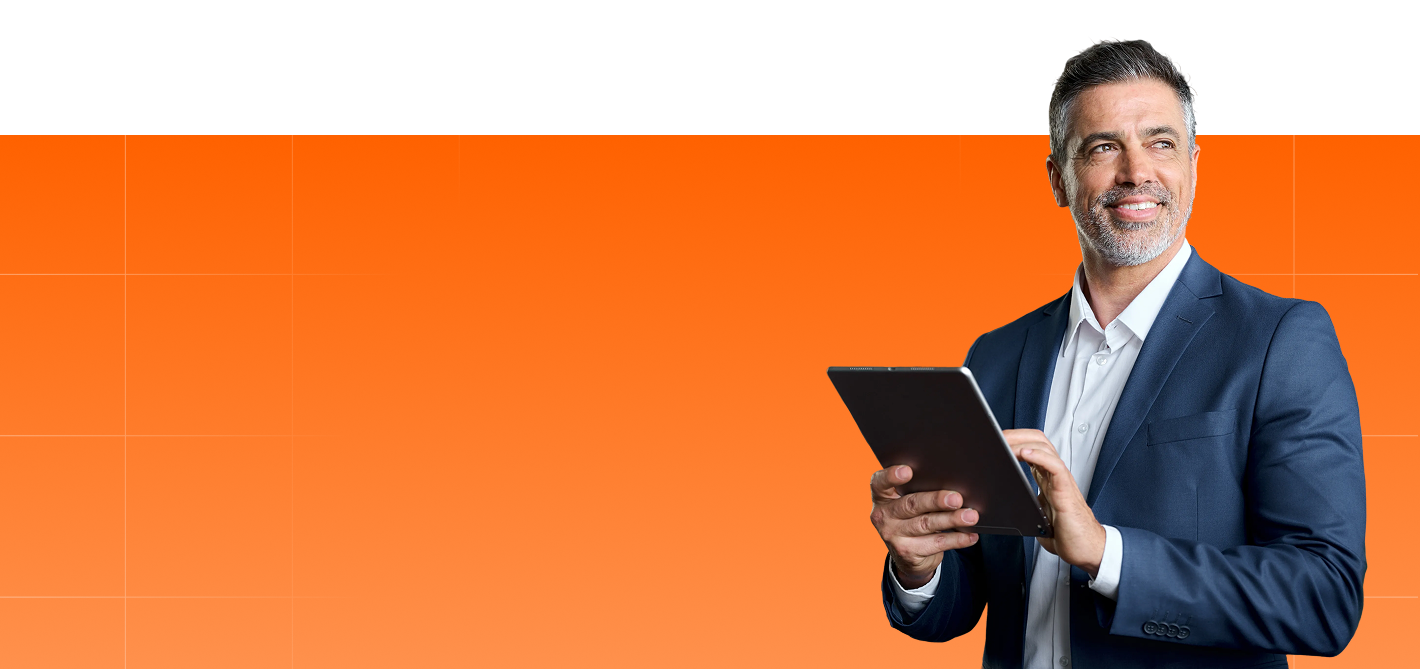 Faster solutions. Improved outcomes assured. Business professional holding a tablet.